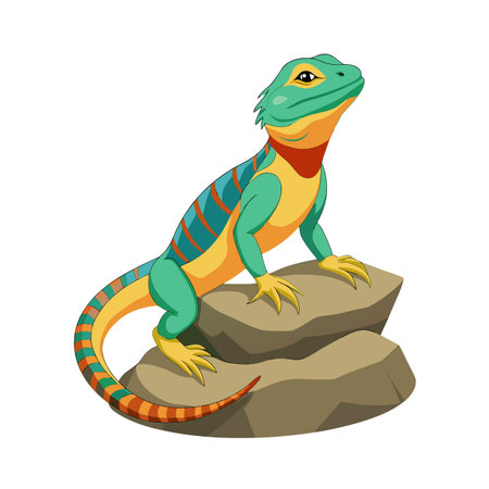 Cartoon lizard perched on rocks looking up with teal and orange coloringのイラスト素材