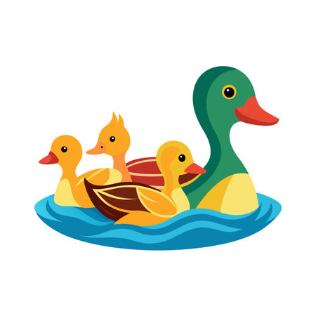 Illustration of a mother duck swimming in blue water with ducklingsのイラスト素材
