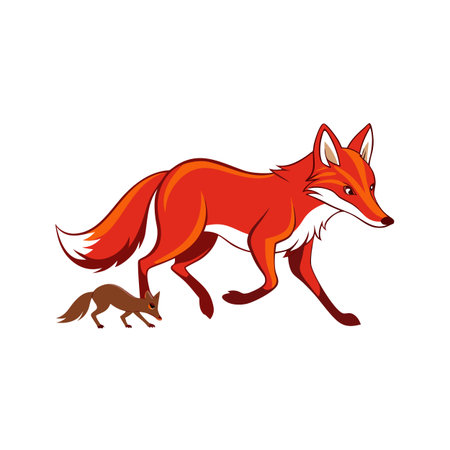 Cartoon illustration of a mother fox leading her cub across a white backgroundのイラスト素材