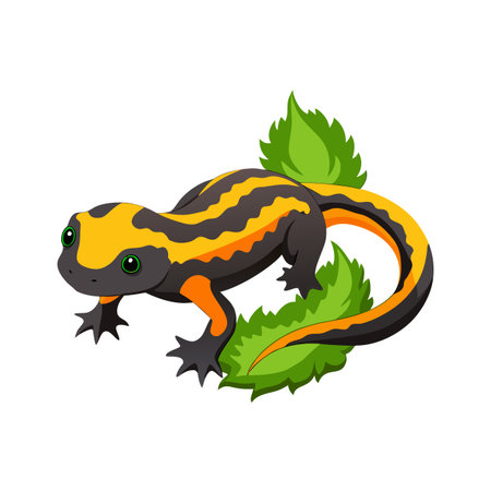Cartoon newt illustration featuring yellow and black markings on bright green leavesのイラスト素材