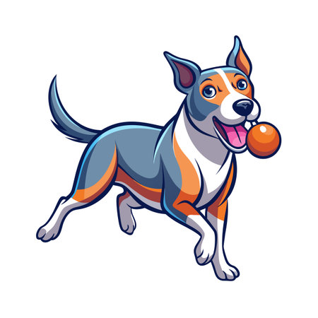 Cartoon dog running with ball in mouth isolated on white backgroundのイラスト素材