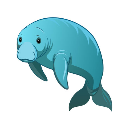 Cartoon Illustration of a Light Blue Manatee Swimming Upward on a White Backgroundのイラスト素材