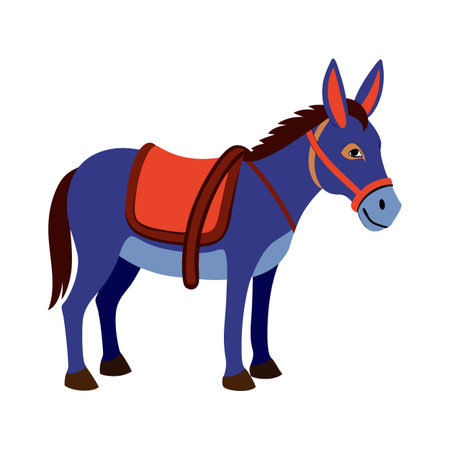 Illustration of a saddled donkey in blue and red color scheme with flat styleのイラスト素材