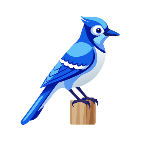 Stylized Blue Jay Illustration Perched on Wooden Post with White Backgroundのイラスト素材