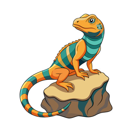 Cartoon style lizard perched on a rock with orange and teal stripesのイラスト素材