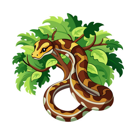 Cartoon Ball Python Snake Coiled on Tree Branch with Green Leavesのイラスト素材