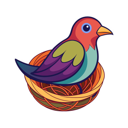 Colorful cartoon bird sitting in a nest with simple shapes and outlinesのイラスト素材