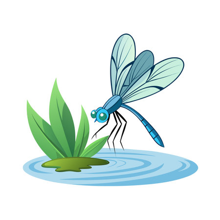 Stylized dragonfly resting on water surface with green reeds illustrationのイラスト素材