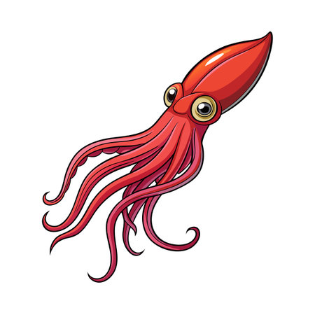 Cartoon Red Squid with Big Eyes and Tentacles on White Backgroundのイラスト素材