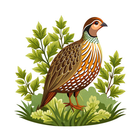 A stylized partridge illustration standing among lush green foliage on a white backgroundのイラスト素材