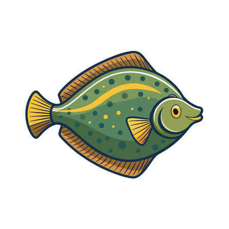 Cartoon flounder illustration with green body, yellow spots, and expressive eyeのイラスト素材