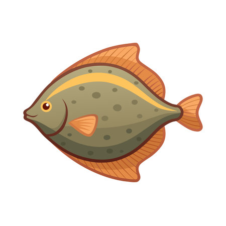 Cartoon flounder fish illustration with brown spots and orange fins isolated on whiteのイラスト素材