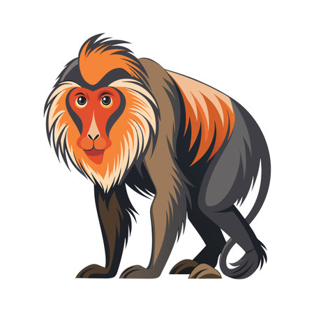 Cartoon Mandrill Illustration with Orange Mane and Gray Body on White Backgroundのイラスト素材
