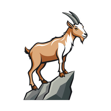 Cartoon goat standing proudly on a rocky cliff, illustration for animal emblemのイラスト素材