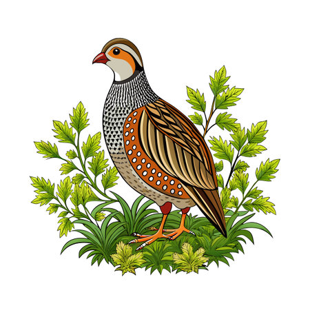 Colorful Partridge Illustration Standing Among Green Foliage Against White Background, Nature Conceptのイラスト素材