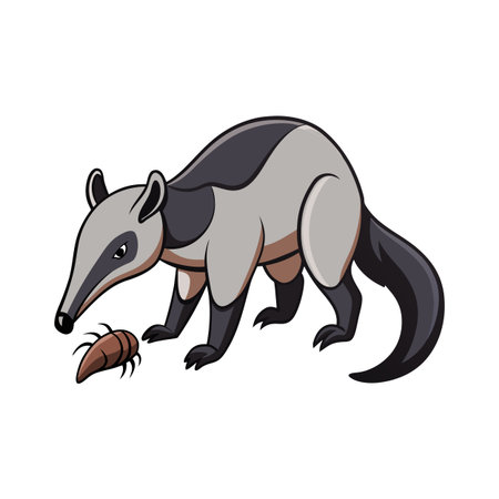 Cute cartoon anteater looking at small spiky insect illustration on white backgroundのイラスト素材