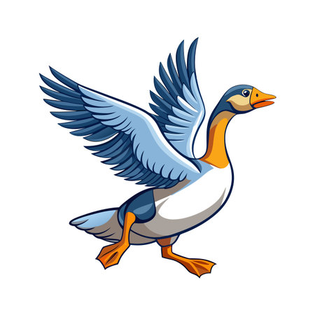 Cartoon Snow Goose in Flight with Blue Wings on White Backgroundのイラスト素材