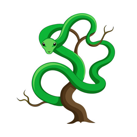 Cartoon Green Snake Coiled Around Bare Brown Tree Illustration with Happy Expressionのイラスト素材