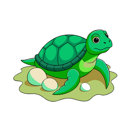 Cartoon Turtle with Eggs illustration on green backgroundのイラスト素材