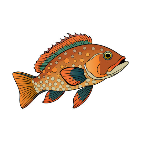 Vibrant cartoon style illustration of a colorful grouper fish on a white backgroundのイラスト素材