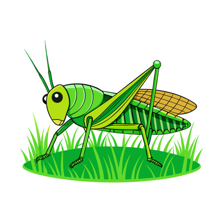 Cartoon Green Grasshopper Standing Tall in Lush Green Grass Illustrationのイラスト素材