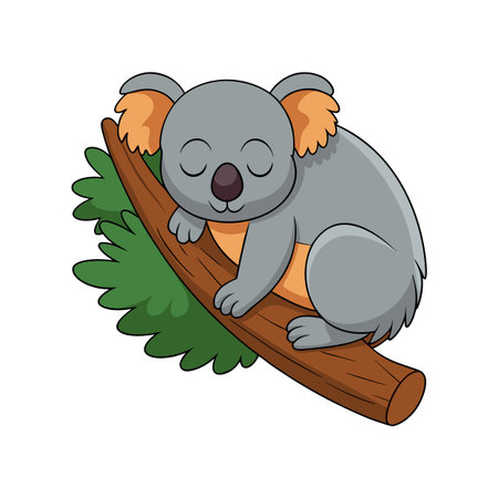 Cartoon Koala Sleeping Peacefully on Tree Branch with Green Foliage Illustrationのイラスト素材