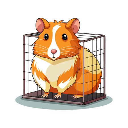 Cute orange and white hamster in a cage, cartoon style illustrationのイラスト素材