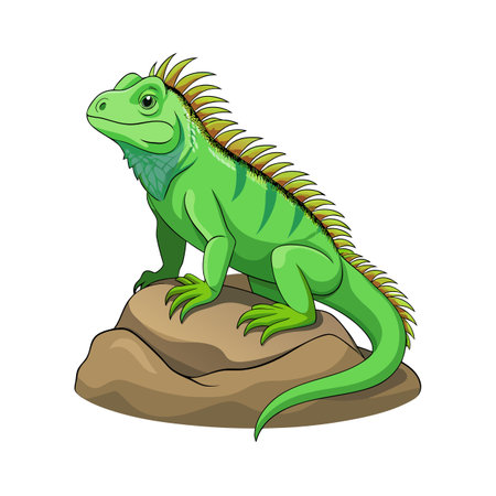 Cartoon illustration of a bright green iguana perched on a smooth brown rockのイラスト素材