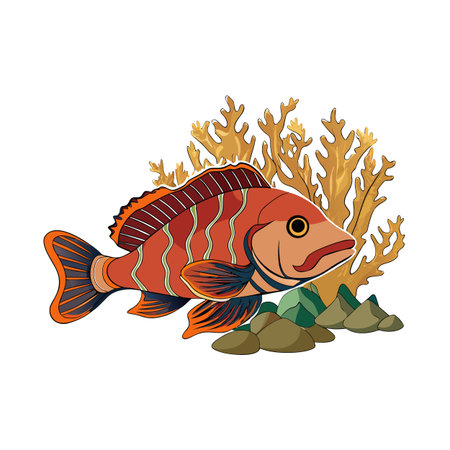 Stylized illustration of an orange fish swimming near coral and rocks underwaterのイラスト素材