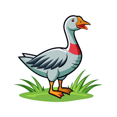 Cartoon Goose Standing Proudly on Green Grass in a White Background Illustrationのイラスト素材