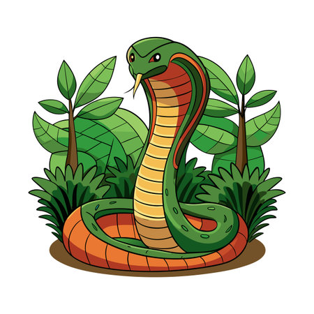 Stylized cobra in a jungle setting with bright colors and bold outlinesのイラスト素材