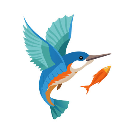 Colorful kingfisher carrying a fish in flight: illustration of avian predator huntingのイラスト素材