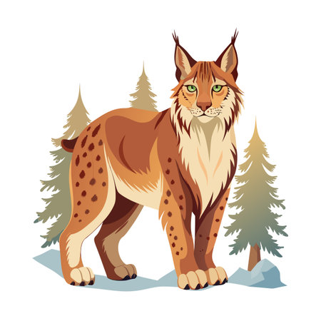 Illustration of a lynx standing in a forest with neutral background and colorsのイラスト素材