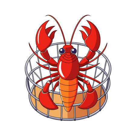 Cartoon lobster in a wire basket, with large claws and big eyesのイラスト素材