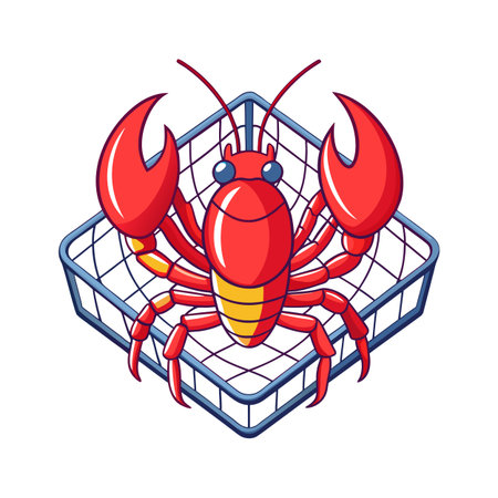 Cartoon Lobster in Blue Netting: Seafood Illustration for Marketing and Creative Projectsのイラスト素材