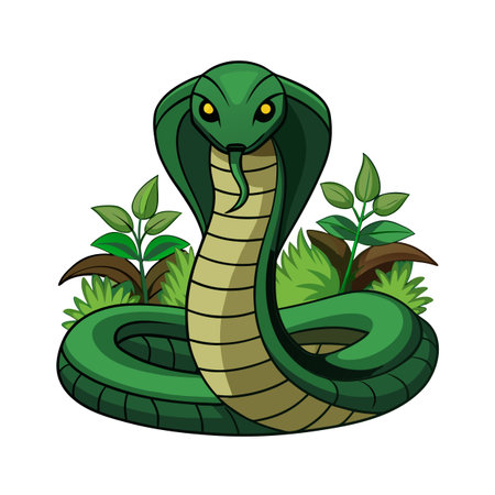 Stylized Cobra Illustration with Lush Green Foliage Isolated on White Backdropのイラスト素材