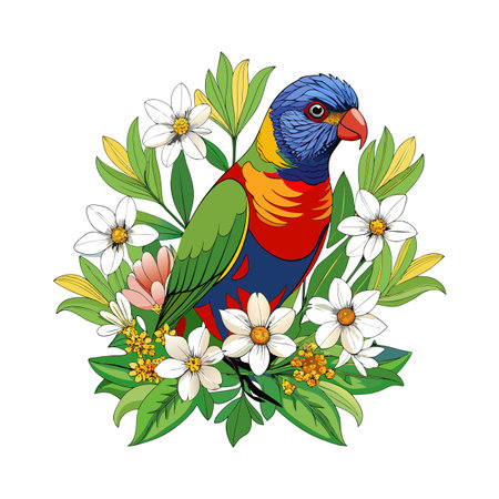 Rainbow Lorikeet parrot nestled within a decorative botanical arrangement of flowers and leavesのイラスト素材
