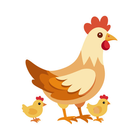 Cartoon hen with two chicks vector illustration on white background for Easterのイラスト素材