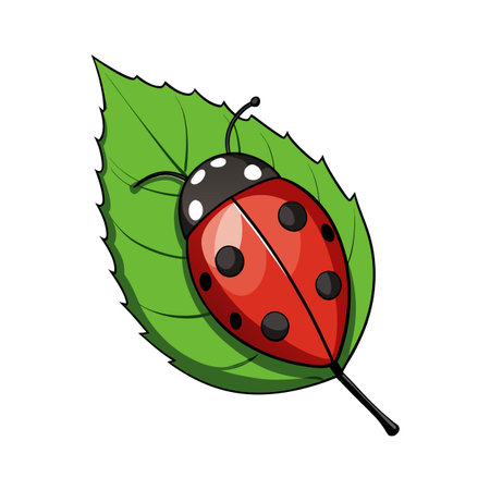 Cartoon style ladybug resting on a vibrant green leaf with black outlineのイラスト素材