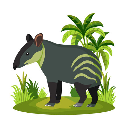 Cartoon tapir illustration standing on a grassy patch surrounded by tropical plantsのイラスト素材