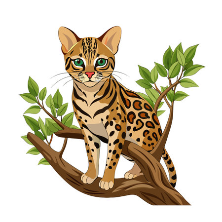 Ocelot kitten sitting on a branch surrounded by green leaves illustrationのイラスト素材