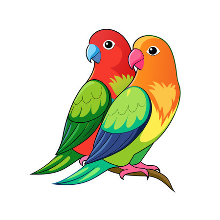 Pair of colorful cartoon lovebirds perched on a branch, facing leftのイラスト素材