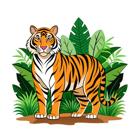 Stylized Cartoon Tiger Illustration Standing Amongst Lush Green Jungle Foliageのイラスト素材