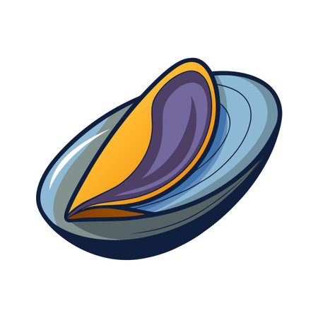 Illustration of an open mussel with yellow and purple filling on whiteのイラスト素材