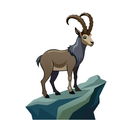 Cartoon illustration of an Ibex standing on a mountain rock formationのイラスト素材
