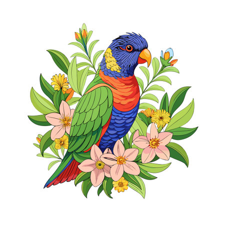 Vibrant Lorikeet Illustration with Floral Accents, Colorful Parrot in Natureのイラスト素材