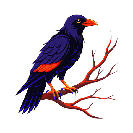 Stylized raven perched on a branch with vibrant colors and bold outlinesのイラスト素材