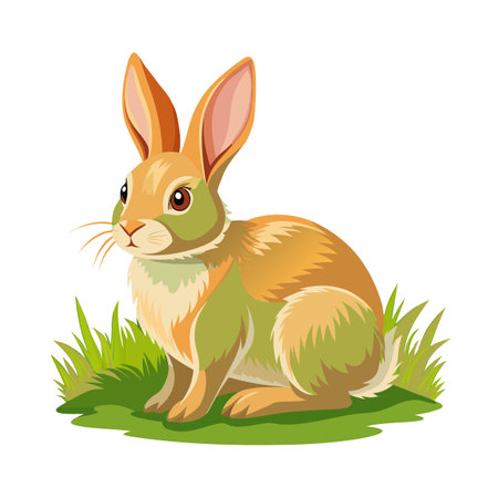 Cartoon illustration of a cute rabbit sitting in grass patch on white backgroundのイラスト素材