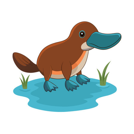 Cartoon platypus standing in water with grass flat design illustrationのイラスト素材