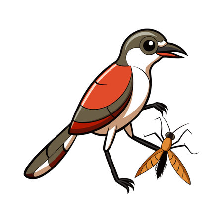 Cartoon bird illustration with a captured insect prey, simple flat styleのイラスト素材